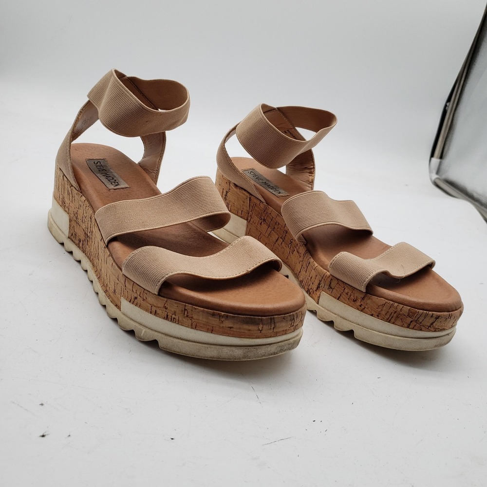 Steve Madden Bandi Shoes Womens Size 9 Beige Strappy Wedge Sandals Cork Platform